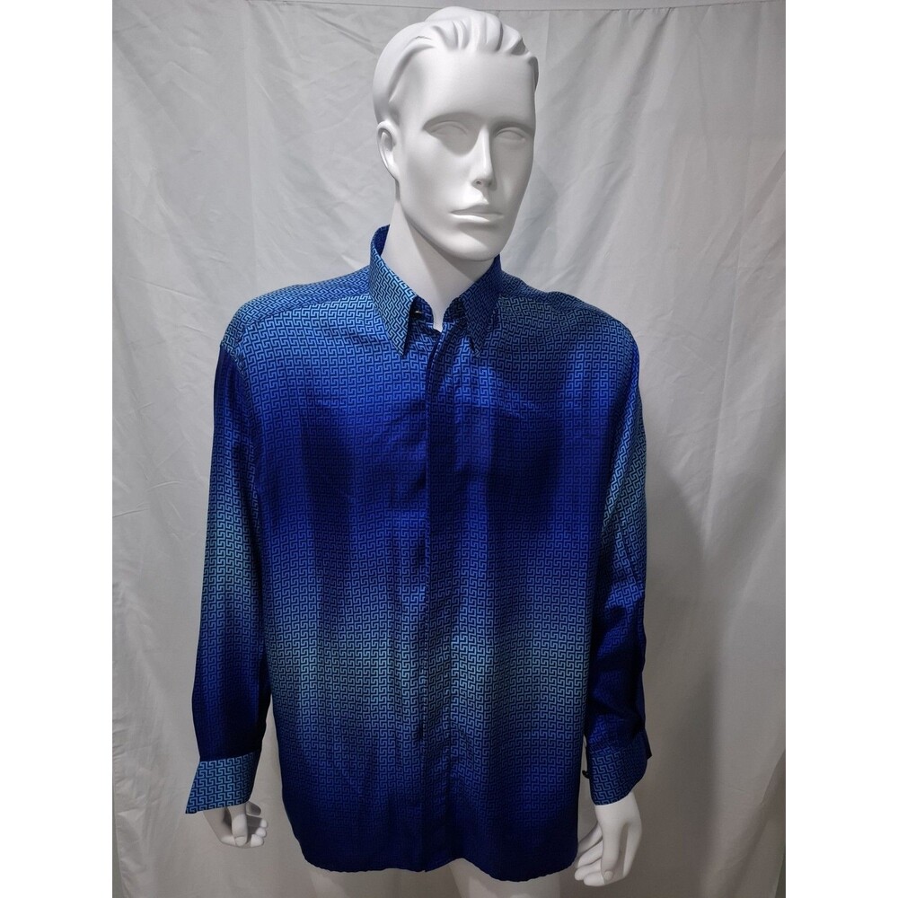 Versace Classic V2 Silk Geometric Blue Long Sleeve Button-Up Shirt Men XL